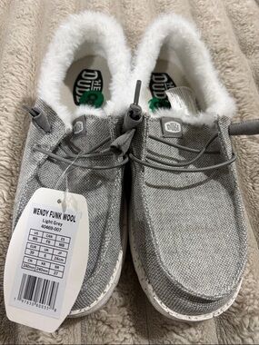 Hey Dude Grey Wendy Funk Wool Slip-On Shoes with White Faux Fur
